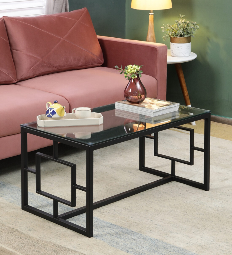 Anny Center Table in Black Color With Glass Top