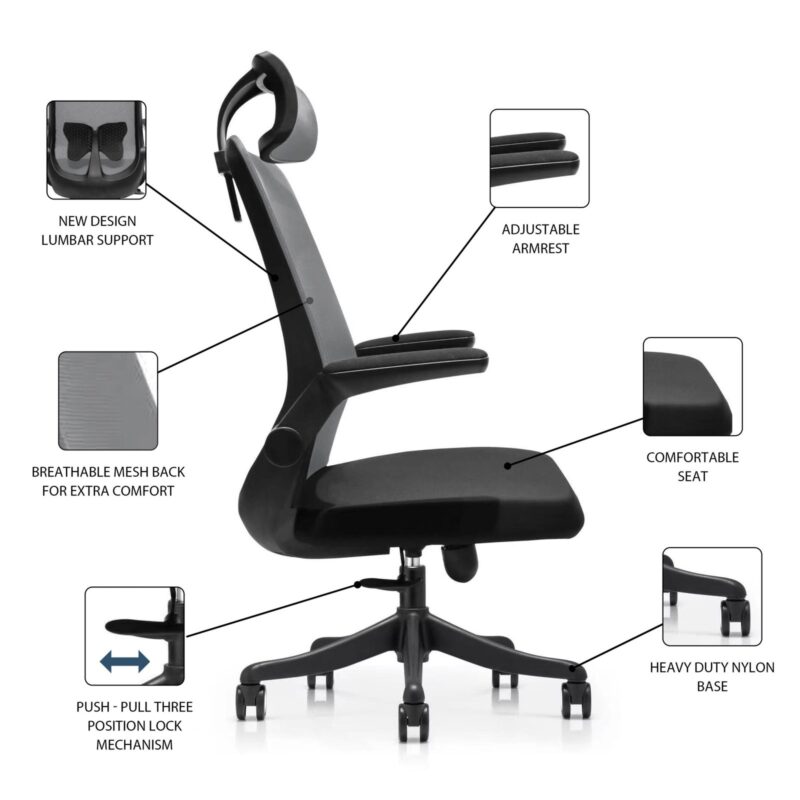 Butterfly High Back Ergonomic Chair in Grey Colour with Headrest - Image 6