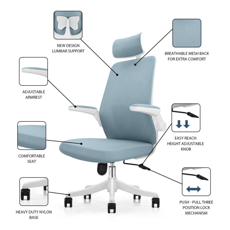 Butterfly High Back Ergonomic Chair in Blue Colour with Headrest - Image 6