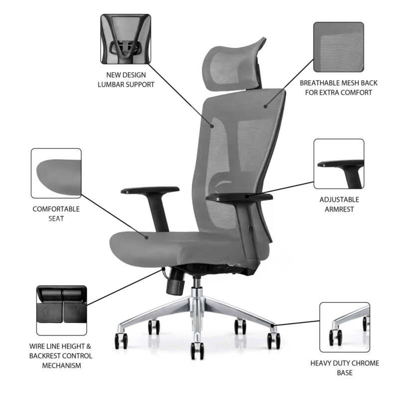 ErgoHuman High Back Office Chair in Grey Color with Headrest - Image 8