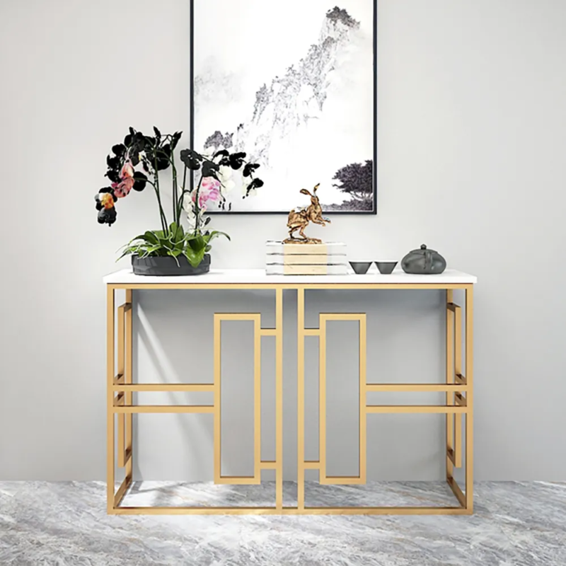 Foster Console Table in Golden Color with Wooden Top - Image 4